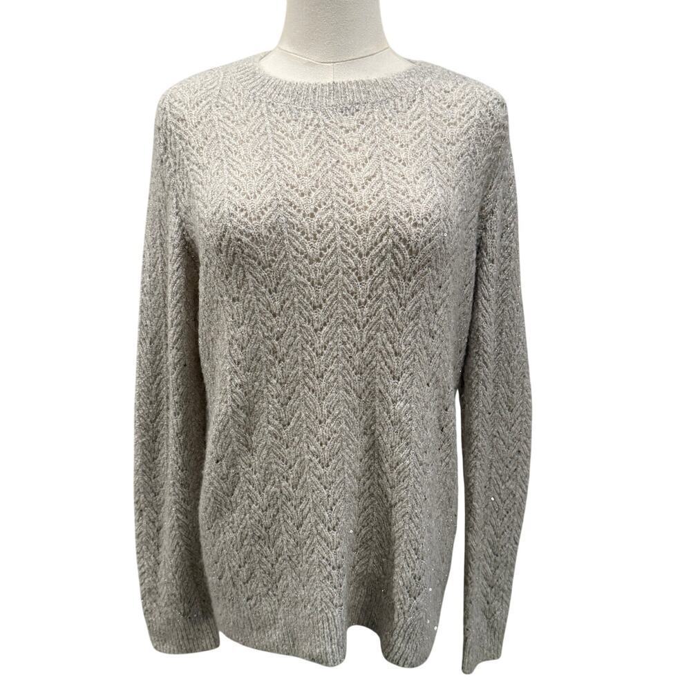Talbots Metallic Sequin Knit Sweater Beige Chevron Textured Women Medium Holiday